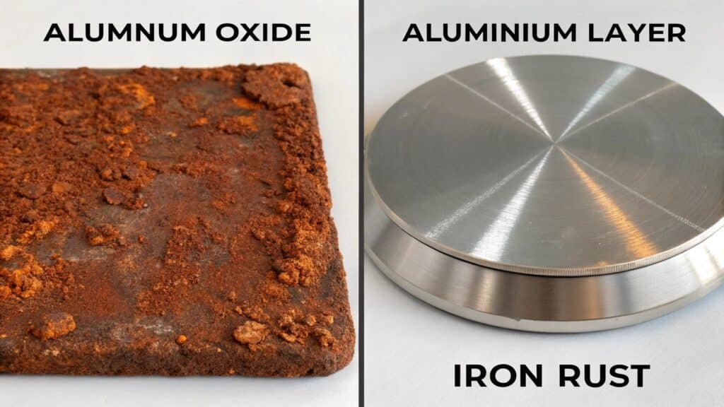 alt with keywords: a clean aluminum surface next to a rusted steel surface, illustrating the difference in corrosion